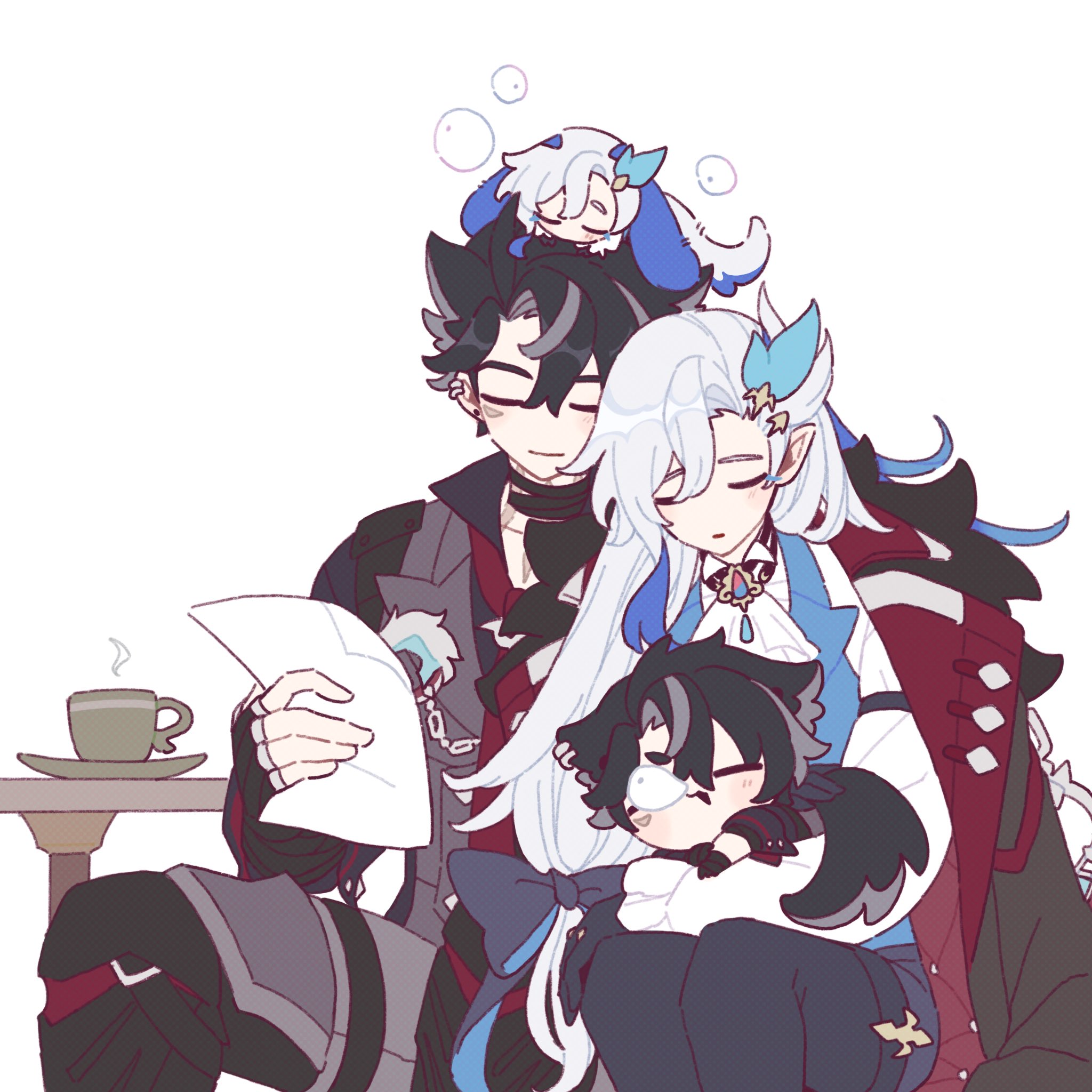 he image is a fanart drawing featuring characters from the popular video game genshin impact.  the artwork depicts albedo, ganyu, and xiao in a heartwarming scene. albedo and ganyu are sitting close together, with ganyu resting her head on albedo's shoulder.  xiao is cuddled in ganyu's lap, asleep. two smaller chibistyle characters, possibly representing younger versions of the main characters or other genshin characters, are perched on top of albedo and ganyu's heads, also seemingly asleep. albedo is holding a piece of paper, suggesting a calm and peaceful moment. the overall style is soft and cute, with pastel colors and gentle lines.  a cup of tea sits on a small table in the background.