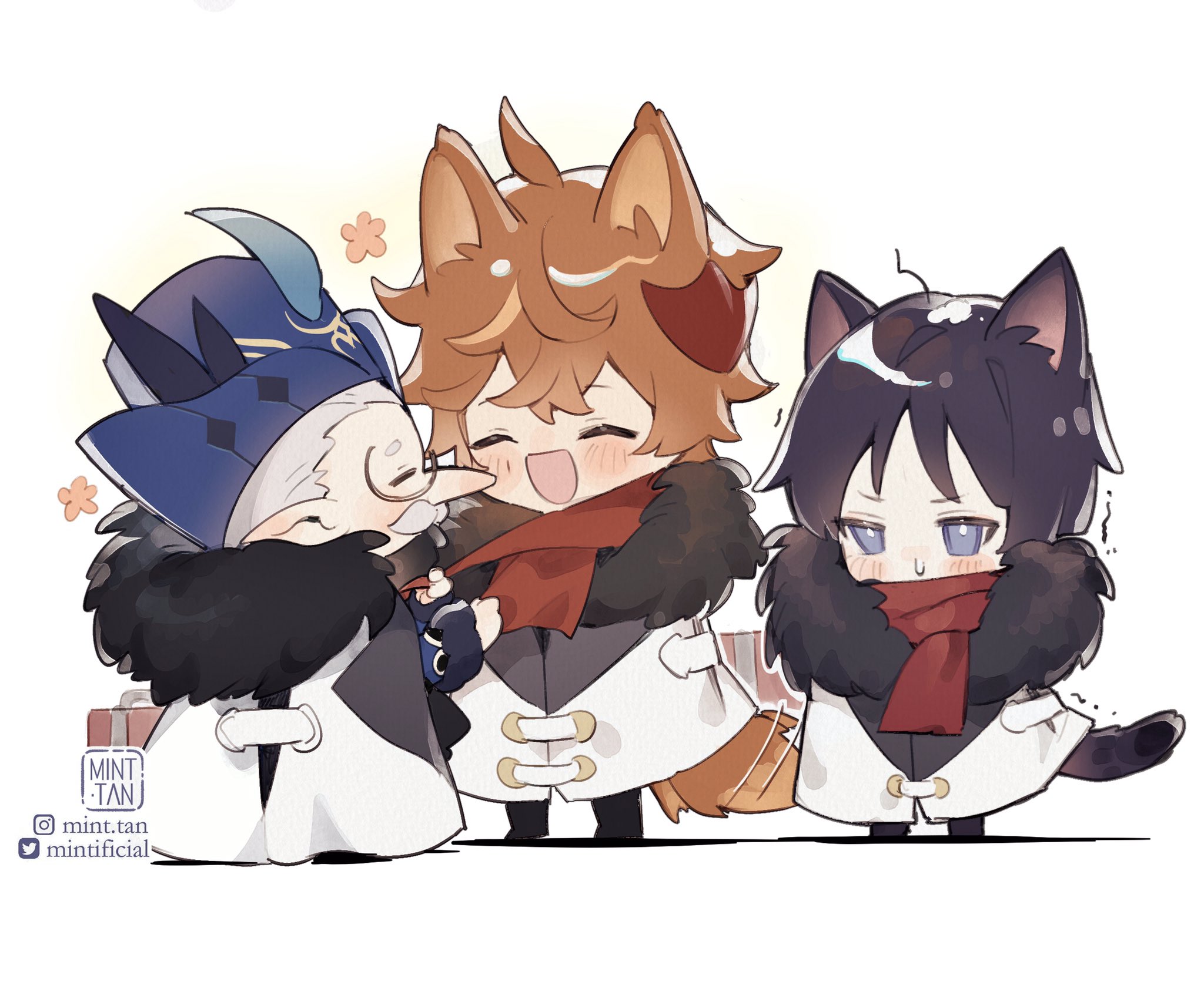 this is a cute illustration of three anime characters,  two are furry with fox ears and a cat, and one is a human character. they're dressed in winter clothes, and they are hugging each other and smiling. they are all dressed in white coats with red scarves, and the fox is wearing a yellow hat with a red pompom on top. the cat is wearing a black scarf and has a black and white tail. the human character is wearing a black coat and a blue hat. the illustration is done in a cartoon style, and it is very cute and heartwarming.