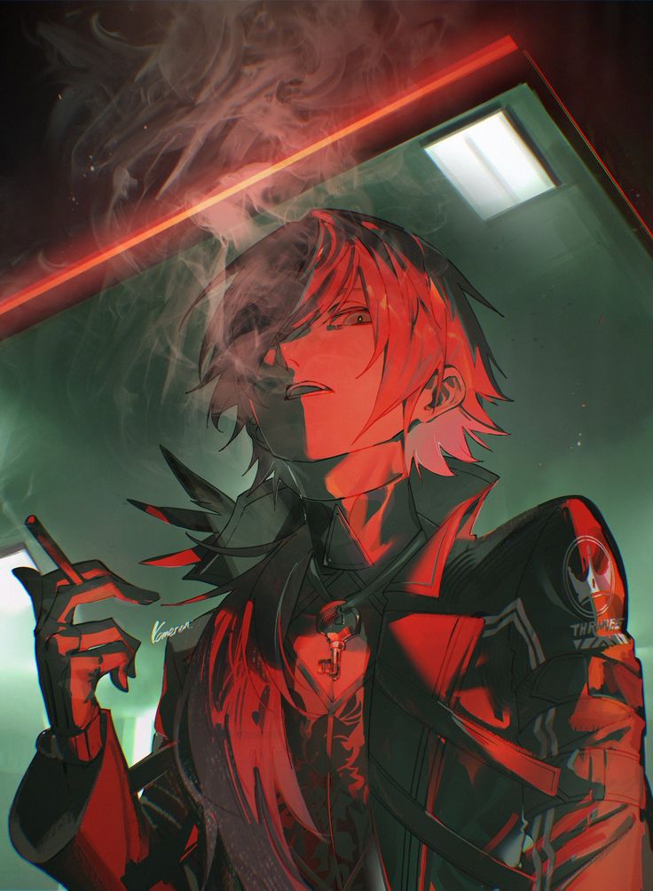 an animestyle illustration of a male character, illuminated by red lighting, smoking a cigarette. he is wearing a black jacket, and a necklace with a key pendant. a patch featuring a skull design is visible on his jacket. smoke billows around his head.