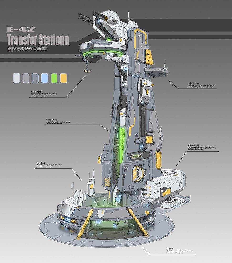 the image showcases a towering, futuristic space station designed as a transfer point. its modular construction is evident with distinct sections layered vertically. a circular platform forms the base, leading up to a central core with visible energy conduits glowing green. platforms and docking bays jut out at various levels, indicating multiple entry and exit points for spacecraft. the station's design emphasizes functionality and efficiency, prioritizing practicality over aesthetics.  a palette of grays, white, and yellow accents dominates the structure, highlighting its industrial purpose.