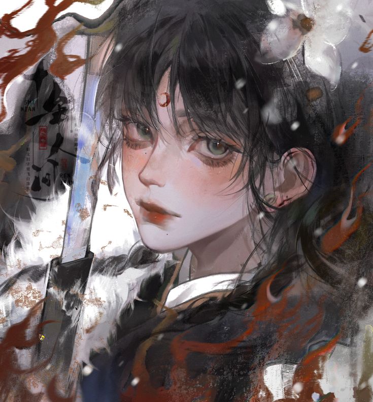 the image is a digital painting of an animestyle girl with long black hair, partially obscured by what appears to be a katana or similar sword. she's dressed in dark clothing reminiscent of a japanese kimono, with red and black tones dominating the color palette. the background is abstract, featuring swirling textures of red and white, resembling fire or snow. the girl's expression is serious and somewhat mysterious, her gaze intense. her face is highly detailed, showcasing soft shading and a crescent moonshaped mark on her forehead. there's a distinct painterly style to the art, with visible brush strokes contributing to the overall aesthetic. the image overall evokes a mood of elegance and mystery, with a blend of traditional japanese elements and fantasy art style.
