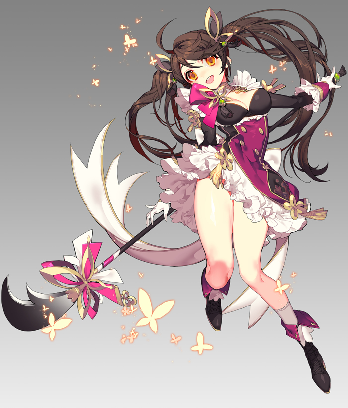 the image showcases a single anime girl with long brown hair styled with two ponytails, accentuated by cat ears.  she's dressed in an elaborate black and pink magical girl outfit featuring a short dress with ruffles, thighhigh socks, and a decorative bow tie. she holds a large staff topped with a crescent moon and a bow, similar in design to her attire. butterflies in shades of yellow and white flutter around her. the background is a plain gray, emphasizing the character and the magical ambiance.