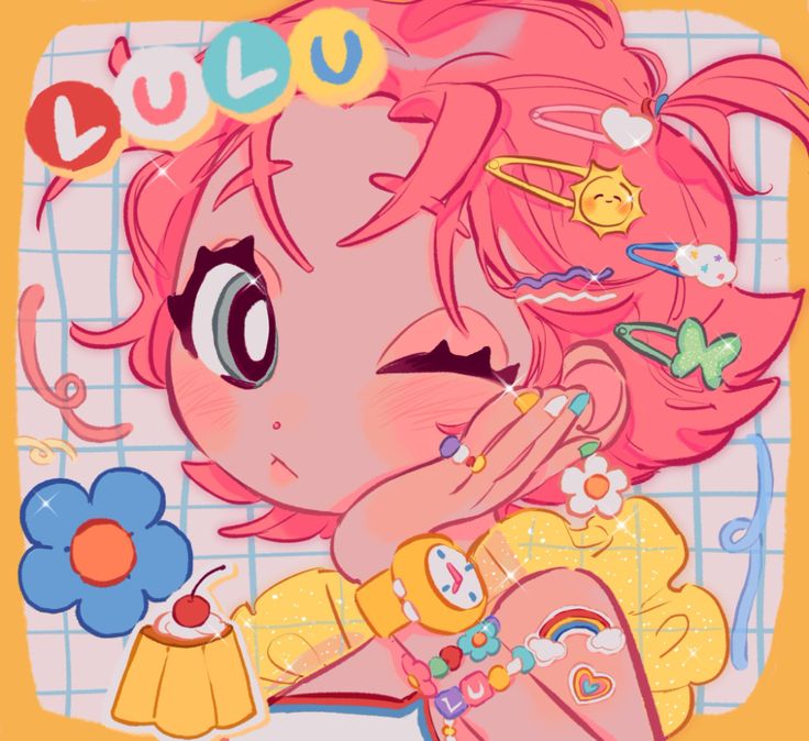 a digital illustration of a cute anime girl with pink hair wearing a yellow top, accessories, and holding a piece of pudding. she has a playful expression and is surrounded by vibrant colors.