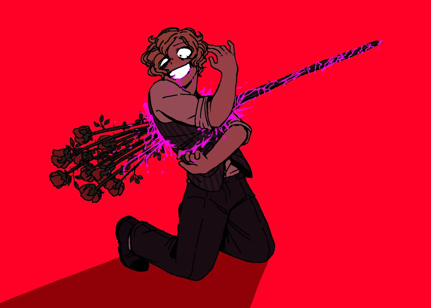 the image shows a young man on his knees against a vibrant red background. he has curly hair and is wearing a white shirt, partially covered by a black vest, and dark pants.  a cluster of thorny black roses with magenta thorns pierces through his torso, the stems seeming to protrude from his back. there is a splatter of bright magenta, resembling blood or magical energy, around the wound. the man's expression is a mix of pain and manic joy, as if he finds pleasure in the injury.