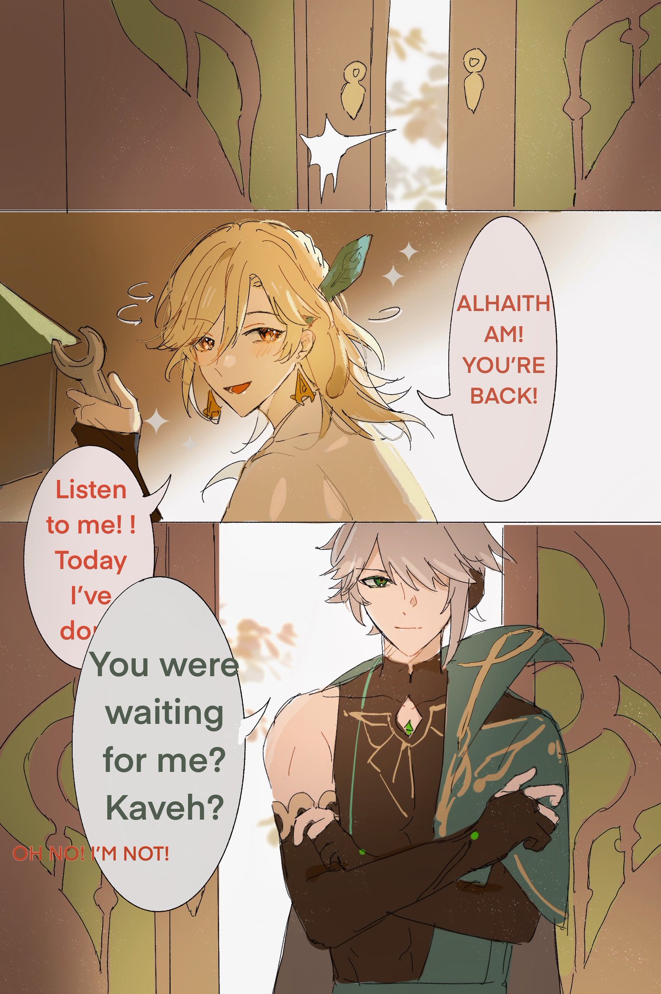 the image is a comic panel from a manga, featuring al haitham and kaveh from genshin impact. al haitham is smiling as he walks through an open door and greets kaveh with "you're back!" and "alhaitham, am!". kaveh is standing still with his arms crossed, looking away from al haitham while thinking "you were waiting for me? kaveh? i'm not!" in a speech bubble.  they are both dressed in their signature outfits. the background is a simple, brown wall. the art style is clean and modern, with vibrant colors and expressive characters.