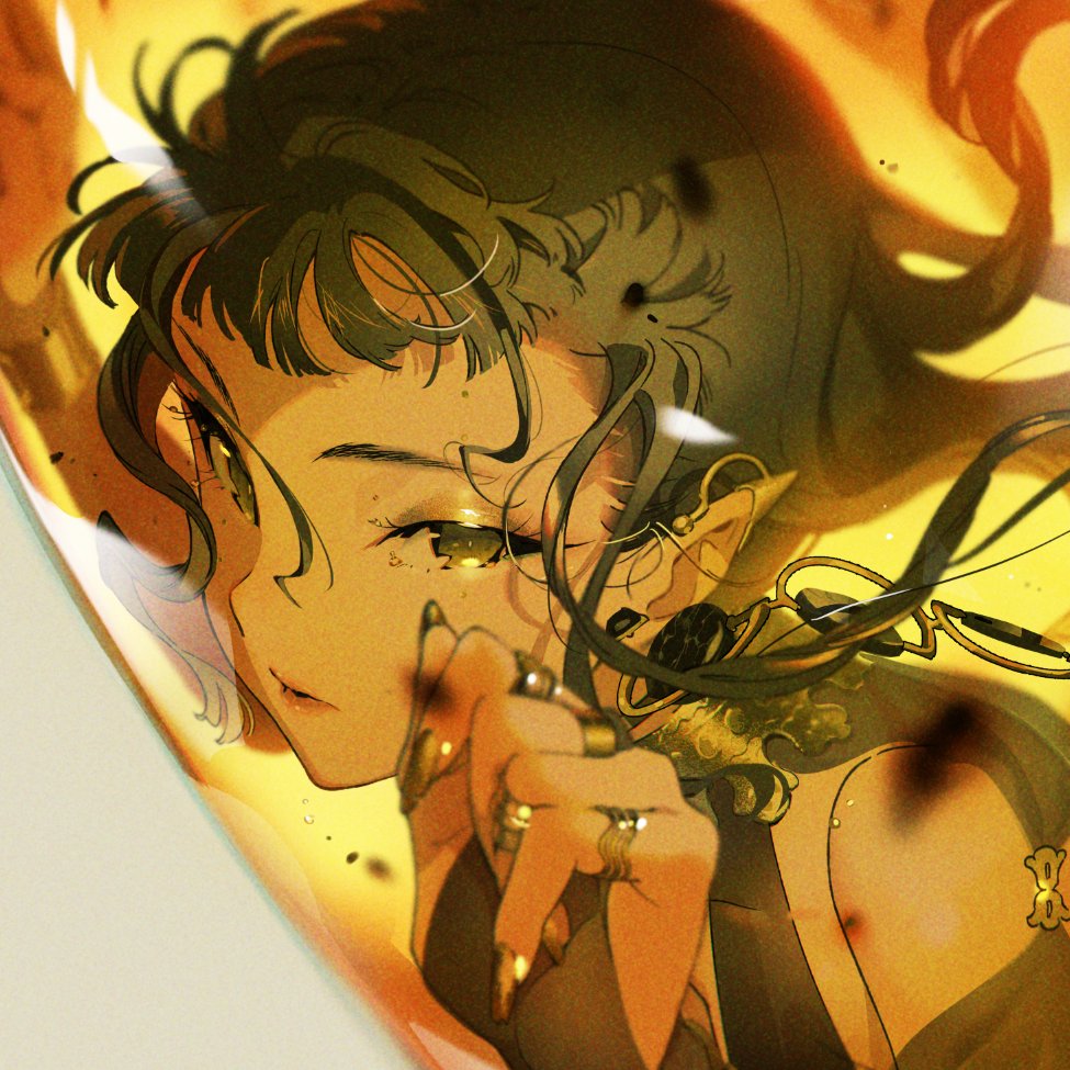 a stylized portrait of a young woman with elven features is dramatically lit by warm, golden light. the woman has long dark hair and piercing yellow eyes, and she's adorned with gold jewelry, including elaborate rings and a chain. she seems to be reaching out, her hand pressed against a transparent surface that distorts the light and creates a sense of depth. the background is an abstract swirl of warm colors, reminiscent of fire and magic. the overall impression is one of mystery, power, and ethereal beauty.