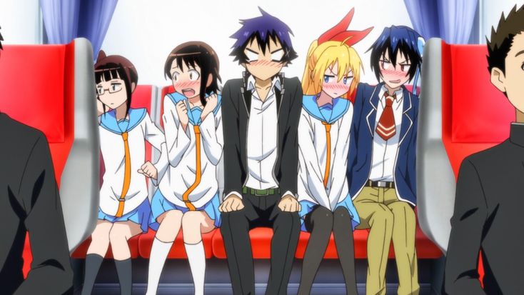 the image shows a scene from an anime, likely a romantic comedy or harem genre. it features a group of high school students on a bus. a flustered boy in the center is surrounded by five blushing girls, suggesting a comedic and possibly romantic situation. the bright lighting and vibrant colors contribute to the lighthearted tone.