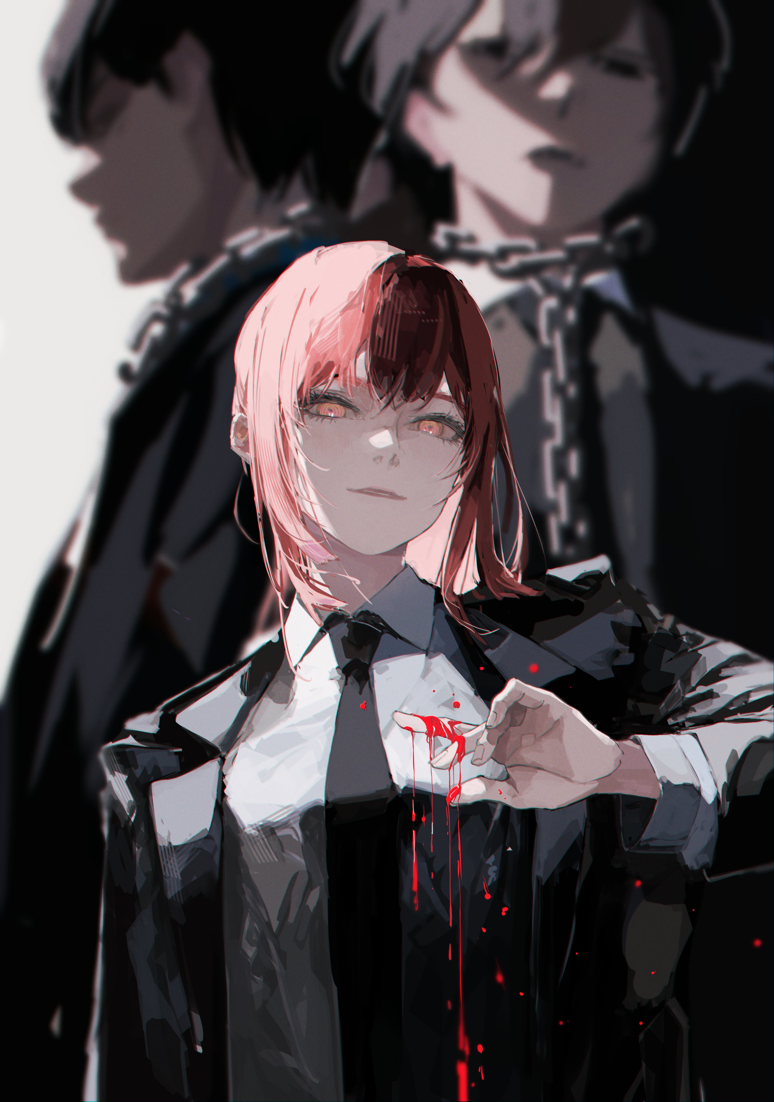 an animestyle illustration features a woman with split pink and red hair, prominently positioned in the foreground. she wears a black suit with a white shirt and tie, her gaze intense and directed at the viewer.  blood drips from her hand, staining her pristine white shirt. behind her, two shadowy figures of men loom, their features obscured by the low lighting. one figure wears a chain, suggesting a darker undertone to the scene.  the overall atmosphere is dramatic and unsettling, contrasted by the woman's striking appearance.