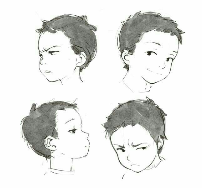 the image shows four drawings of a boy with different expressions. in the top left corner, the boy has an angry expression. in the top right corner, the boy has a happy expression. in the bottom left corner, the boy has a neutral expression. in the bottom right corner, the boy has a sad expression. the drawings are all done in black and white and have a simple, cartoonish style.