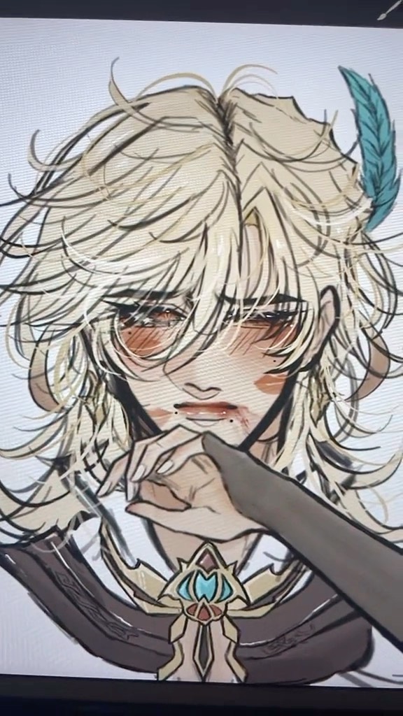 he image shows a digital drawing of an animestyle male character with blond, flowing hair and a teal feather ornament in his hair. he has a distressed expression, with tears in his eyes and blood on his face suggesting injury or trauma.  he's wearing a detailed, ornate necklace or pendant. the artwork is in progress, displayed on a digital screen, showing details of the artistic process. the style is highly detailed and emotionally expressive.