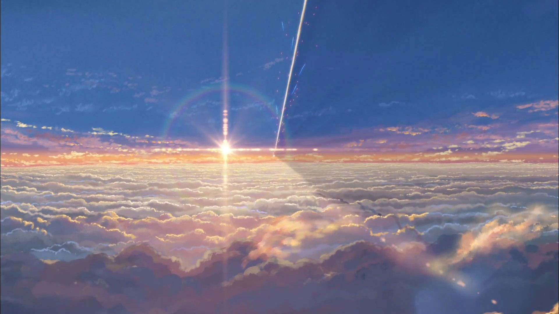 the image showcases a breathtaking view above a sea of fluffy clouds. the sun, positioned slightly offcenter, bathes the scene in a warm, golden glow. its rays pierce through the clouds, creating a luminous and ethereal atmosphere. a vibrant comet streaks across the sky, leaving a trail of light in its wake. the overall effect is one of aweinspiring beauty and wonder.