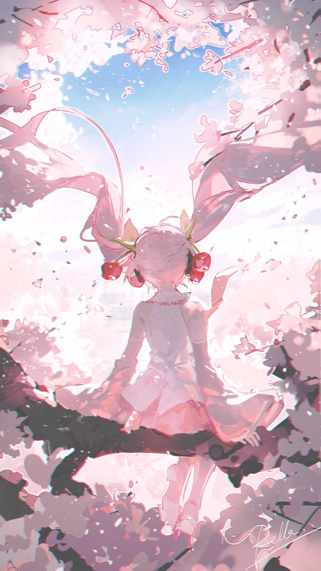 the image shows a digital illustration of an anime girl with long, flowing light pink pigtails adorned with cherry decorations resembling cherries. she is sitting on a tree branch surrounded by blooming cherry blossoms, with the sky visible in the background. she is wearing a white dress. the view is from behind, showing her back. there is a signature at the bottom right corner. the overall color palette is light and airy, dominated by pinks and whites, creating a dreamy, springlike atmosphere.