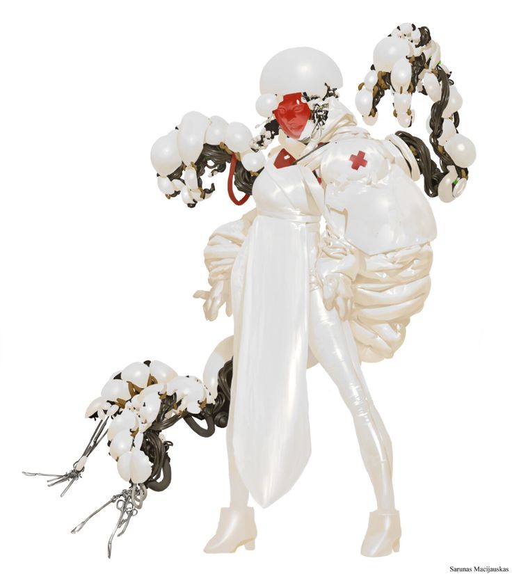 this image depicts a humanoid robot, seemingly a nurse, with a metallic, white, futuristic design. the robot's body is composed of white, rounded segments, resembling a medical robot. its head is covered in a white helmet. its arms are adorned with medical symbols and are connected to the body with a series of white, bulbous appendages. the robot's legs are slender and metallic, with a hint of metallic sheen. it is standing with one leg slightly bent, while the other is straight. the robot is depicted in a white background, creating a sense of sterility and medical imagery. the robot's overall design suggests an advanced and futuristic healthcare system. the image is likely a digital painting, showcasing intricate details and a sense of artistic style. the combination of medical imagery with a robotic design creates a compelling and thoughtprovoking image.