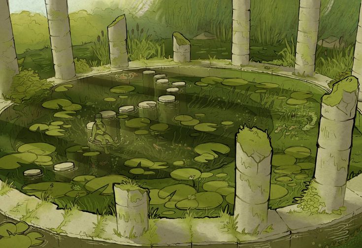 the illustration depicts a circular pond nestled within the ruins of a stone structure.  the pond is filled with numerous lily pads, and several stepping stones create a pathway across the water. the surrounding environment is lush and overgrown with various types of vegetation, giving a sense of age and abandonment.  the stone columns and pillars that form the structure are weathered and partially broken. a single person is depicted sitting on one of the stepping stones in the center of the pond. the overall mood is tranquil and serene, suggesting a mystical or magical setting. the style of the artwork is a digital painting with a slightly muted, earthy color palette dominated by various shades of green.