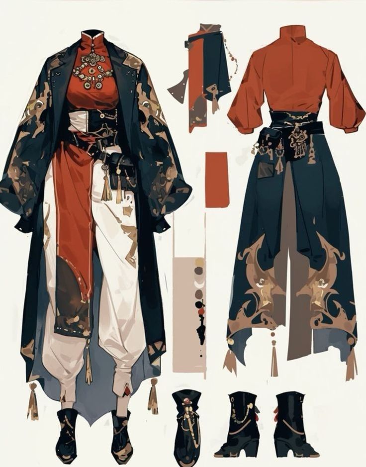 this illustration showcases a detailed fashion design. the outfit consists of a black long coat with golden patterns, a red shirt with gold accents,  white pants, a  gold and black belt, gold jewelry, and black boots. on the right side of the illustration, there are a  separately drawn elements of the outfit including the long jacket, the red shirt, and the black boots, all laid out on a white background.