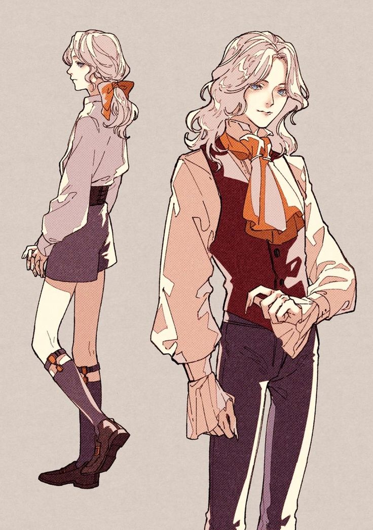he image contains two illustrations of a female anime character with long white hair.  one is a side profile view, dressed in a white blouse, short dark pants, and kneehigh socks.  the other is a front view, showing a more detailed outfit with a white blouse, burgundy vest, dark pants, and matching socks and shoes. both characters have a similar elegant style, with bows adorning their hair and clothing. the art style is clean, detailed, and features soft coloring and linework. the background is a muted beige.