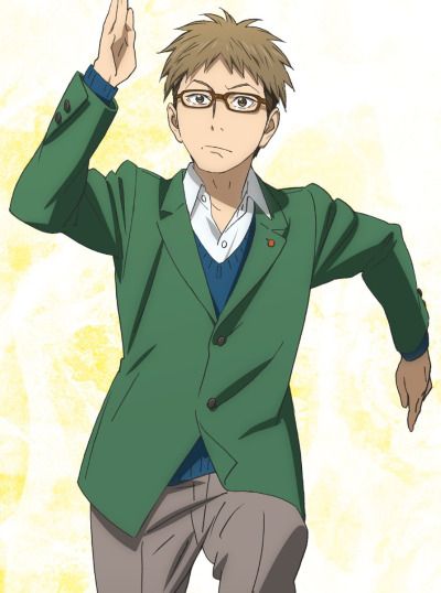 an anime boy with brown hair and glasses is wearing a green school uniform jacket and running to the right. his background is a bright yellow and white color.