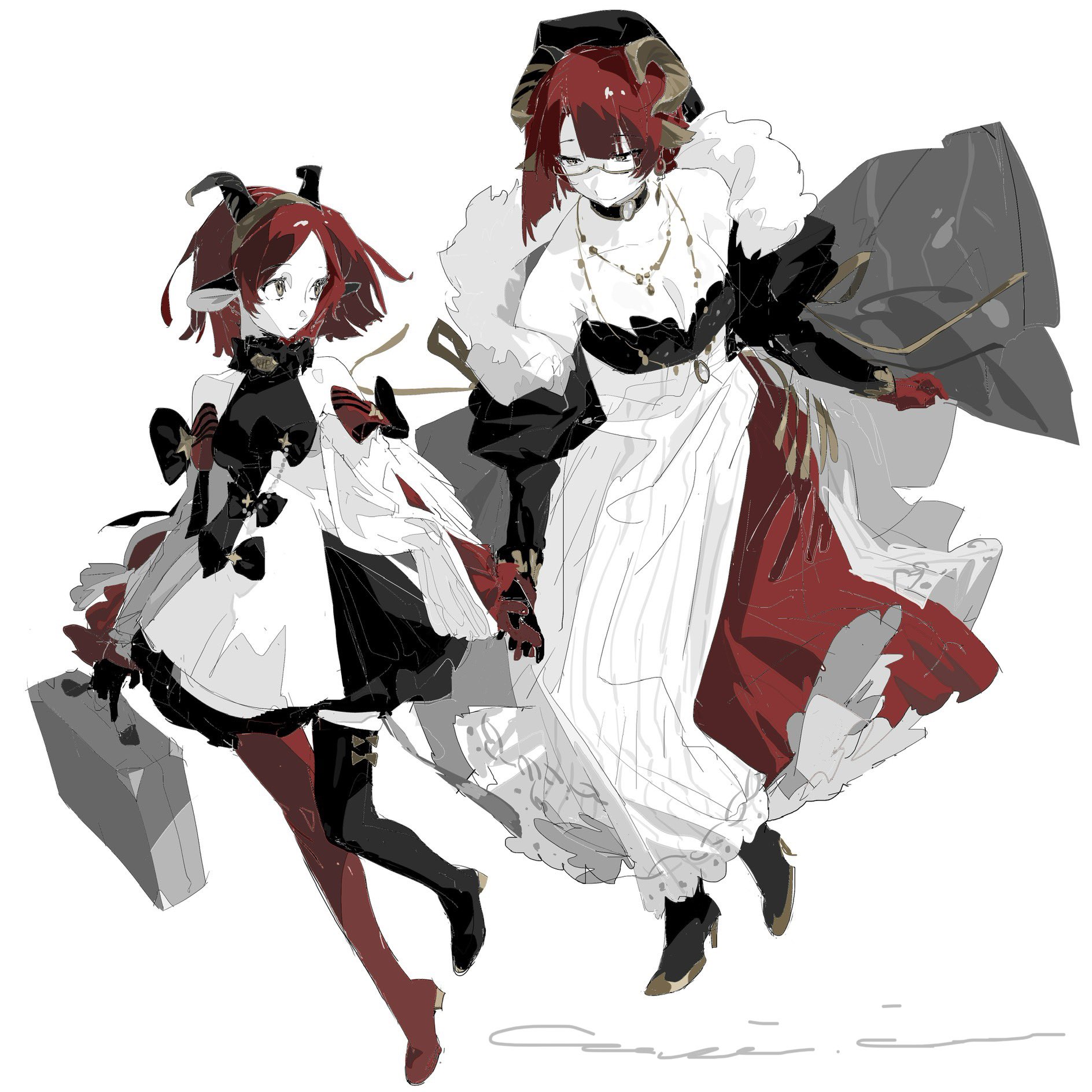 this is a digital drawing of two anime girls. the girl on the left has black hair with horns and is wearing a black and white dress with black boots. the girl on the right has red hair with horns and is wearing a white dress with red trim and black boots. they are holding hands and smiling. the background is white.