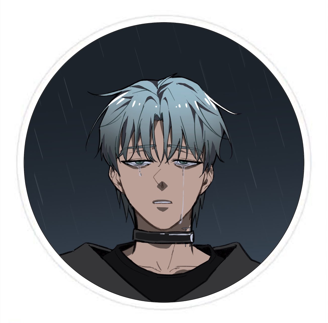 the image depicts a young anime boy with grey hair, wearing a black choker, crying in the rain. he appears sad and distressed with dark circles under his eyes. the image is a closeup of the boy's face with a dark background. the rain is depicted as grey lines falling from the sky, creating a melancholic mood.