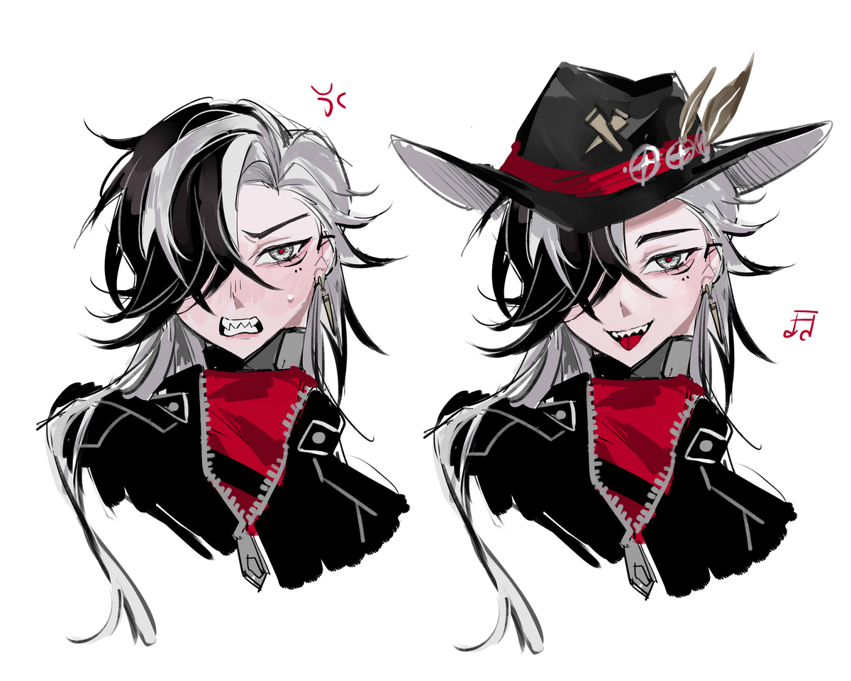 the image is a digital illustration of an anime character. she is a girl with long, white and black hair. she is wearing a black leather jacket with a red scarf and a cowboy hat. she is shown in two different expressions. on the left, she is shown with an angry expression, and on the right, she is shown with a smile.