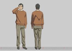 a character design sheet showing the front and side view of a man with short, dark hair wearing a brown sweater, light brown pants, and dark brown shoes. the background is plain gray.