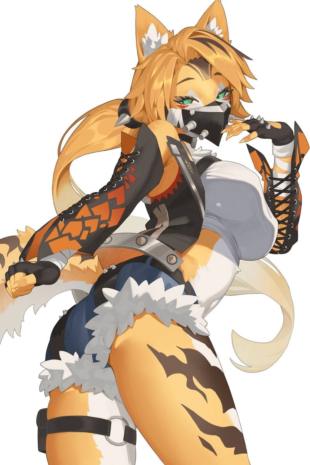 a full shot of a fox girl. she is wearing a black mask and a black and orange jacket with spikes. her tail is fluffy and orange with white tips. she has green eyes and orange hair. she has tiger stripes on her legs. she also is wearing jean shorts with white frills and a thigh holster.