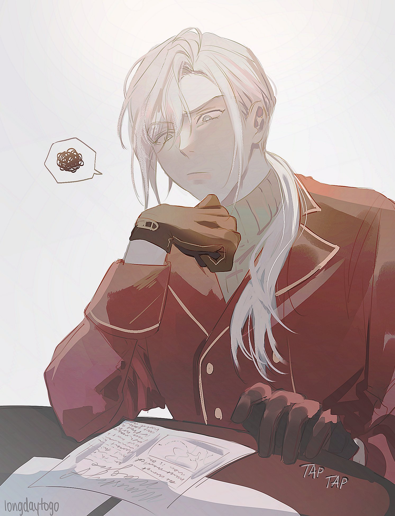 the image is a digital drawing or painting of a young, handsome animestyle male character. he has long, flowing white hair and is wearing a stylish, reddishbrown doublebreasted coat with gold buttons and dark gloves. he appears to be thoughtfully contemplating something, his hand resting on his chin, while also appearing to be writing or sketching in a notebook or journal. a small thought bubble with a tangled mass indicates his concentration. the art style is soft and painterly, with a focus on subtle light and shadow to create a sense of depth and atmosphere. the overall mood is peaceful and contemplative. the artist's signature, "longdaytogo," is visible in the bottom left corner.  the words "tap tap" are subtly placed in the lower right, suggesting the sound of fingers tapping on a writing surface.