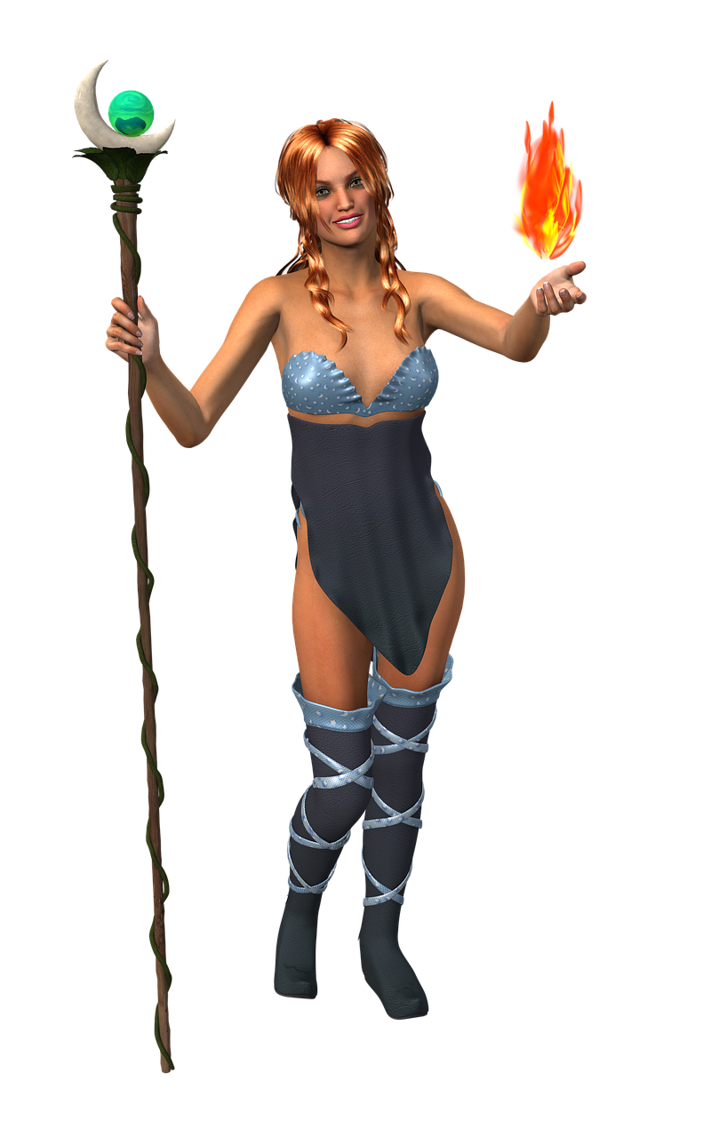 a digital painting depicts a fantasy sorceress in a black void. she wears a revealing, black dress with a scalloped, blue top and thighhigh black boots, laced with light blue. in her left hand, she holds a staff with a crescent moon and a green orb at the top. from her right hand, a fiery flame levitates in midair. the woman has long red hair styled in two braids. she looks forward with a slight smile.
