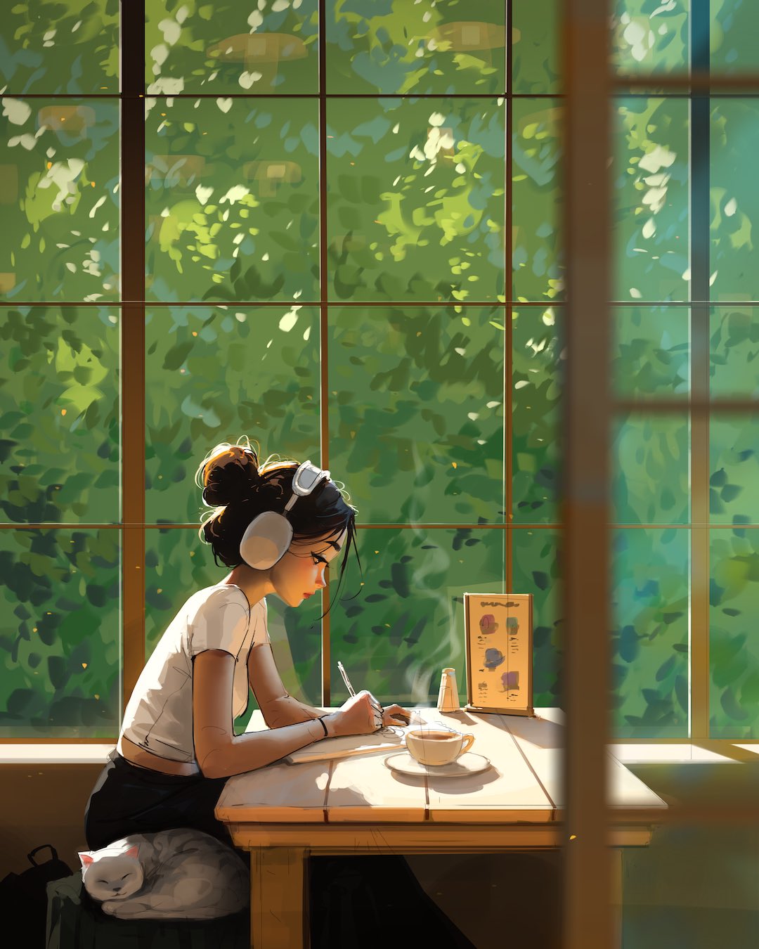 an illustration depicts a young woman with dark hair styled in a bun, wearing headphones and writing in a notebook at a table. a steaming cup of coffee sits nearby. sunlight streams through a large window behind her, revealing lush green trees and foliage. a white cat is curled up asleep on a cushion next to her chair. the scene creates a cozy, peaceful atmosphere, suggestive of a cafe or home setting where the woman is engaged in creative work or focused studying.