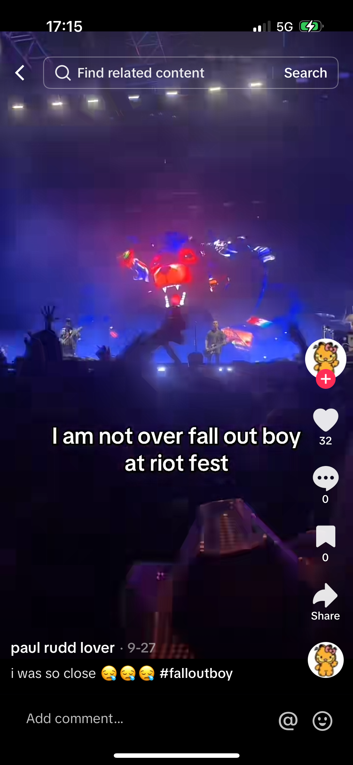 this is a screenshot of a tiktok video showing a performance of the band fall out boy at riot fest. the video shows a closeup of the crowd and the band's lights. the text in the video reads, "i am not over fall out boy at riot fest" and the user, "paul rudd lover," comments "i was so close." there are also emojis, hearts, and comments on the side of the video, signifying that it's a social media post.