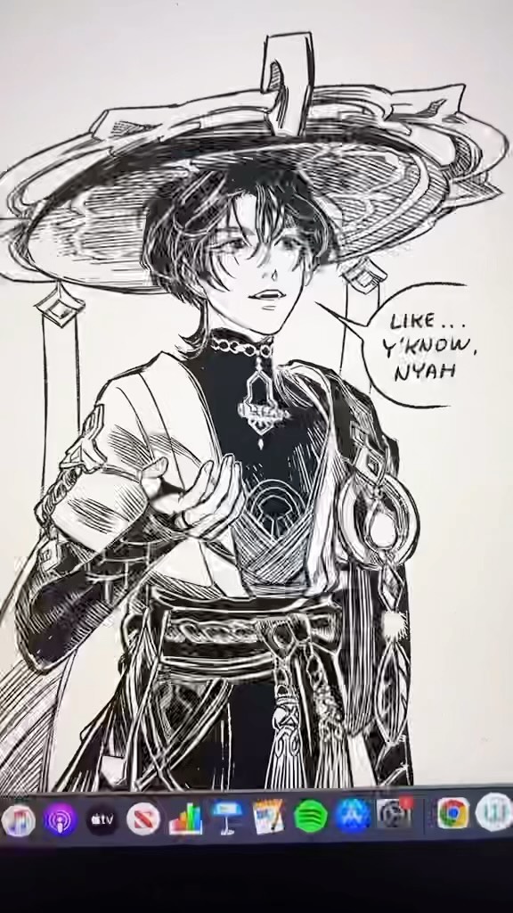the image shows a digital drawing or sketch of an animestyle male character. he's wearing a large, ornate hat and elaborate clothing that seems inspired by fantasy or historical east asian styles. the character has long hair and a somewhat androgynous appearance. the art style is primarily black and white line art, with shading to create depth. a speech bubble next to the character says "like...y'know, nyah". the artwork appears to be displayed on a computer screen, with the dock of apps visible at the bottom. the overall style and character design suggest it could be fanart, perhaps for a game like genshin impact.