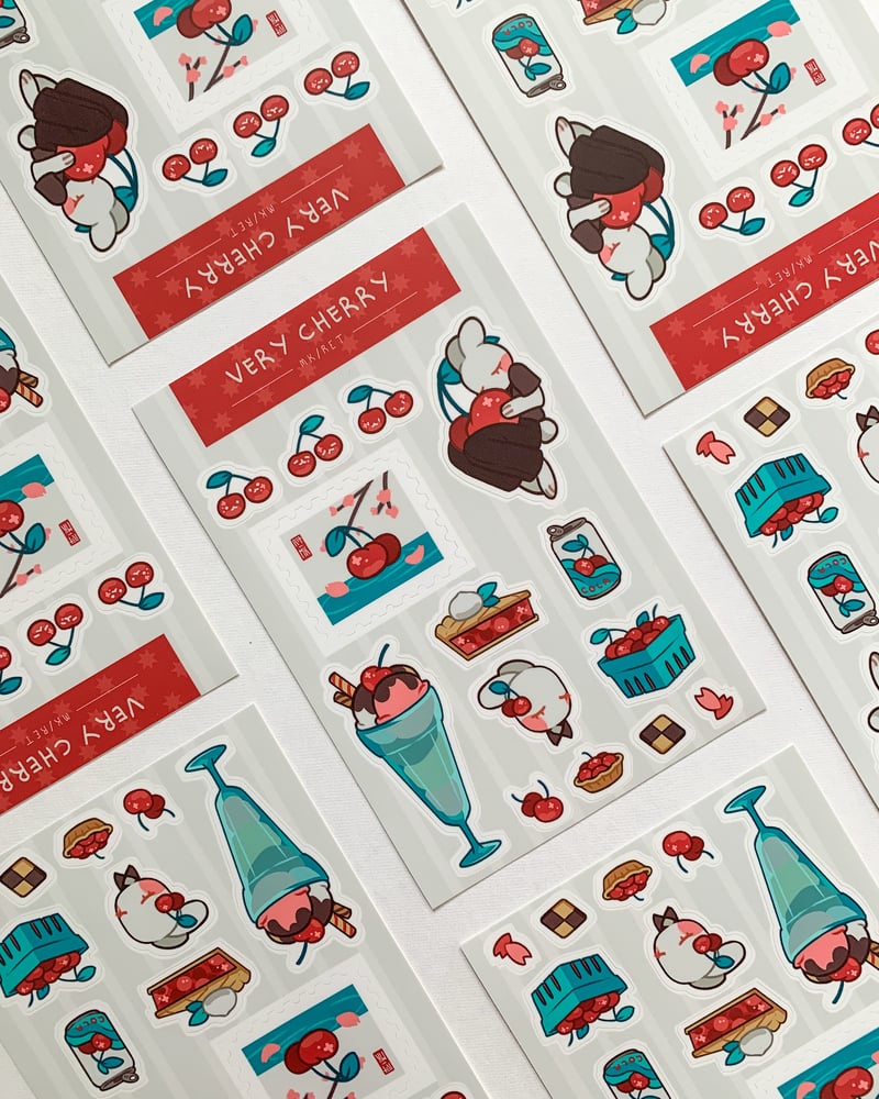 a closeup shot showcases several sheets of adorable, pastelcolored stickers featuring a recurring theme of cherries and cute bunnies enjoying various cherryflavored treats. the stickers exhibit a minimalist style, with clean lines and soft colors, and each sheet has a banner that reads "very cherry."  the stickers feature a variety of sweet treats including cherry pie, ice cream sundaes, cherry soda, and baskets of cherries. the bunnies are depicted in charming poses, enjoying the desserts.  the overall aesthetic is cheerful and playful, suitable for scrapbooking, journaling, or planner decorating. the stickers are neatly arranged on a lightcolored surface, highlighting the details of each design.
