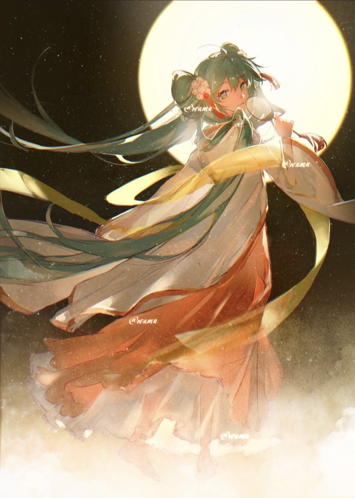 the image is a digital painting of a young woman, who strongly resembles hatsune miku, dressed in a flowing, elegant traditional chinesestyle dress (possibly a qipao or hanfu).  her long, vibrant green hair streams behind her as she seems to dance or float.  she is positioned against a backdrop of a large, bright moon in a dark night sky. the overall style is soft and dreamy, with a focus on ethereal beauty and grace. the artist's signature "@orame" is subtly visible within the artwork. the color palette is dominated by warm oranges, soft yellows, and whites, creating a peaceful and serene atmosphere.