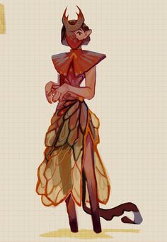 a drawing of a mothlike humanoid with large wings for a skirt stands with hand on hip. she has a red mask on her face, which obscures everything but her ear. the background is a beige color with a slight paper texture.