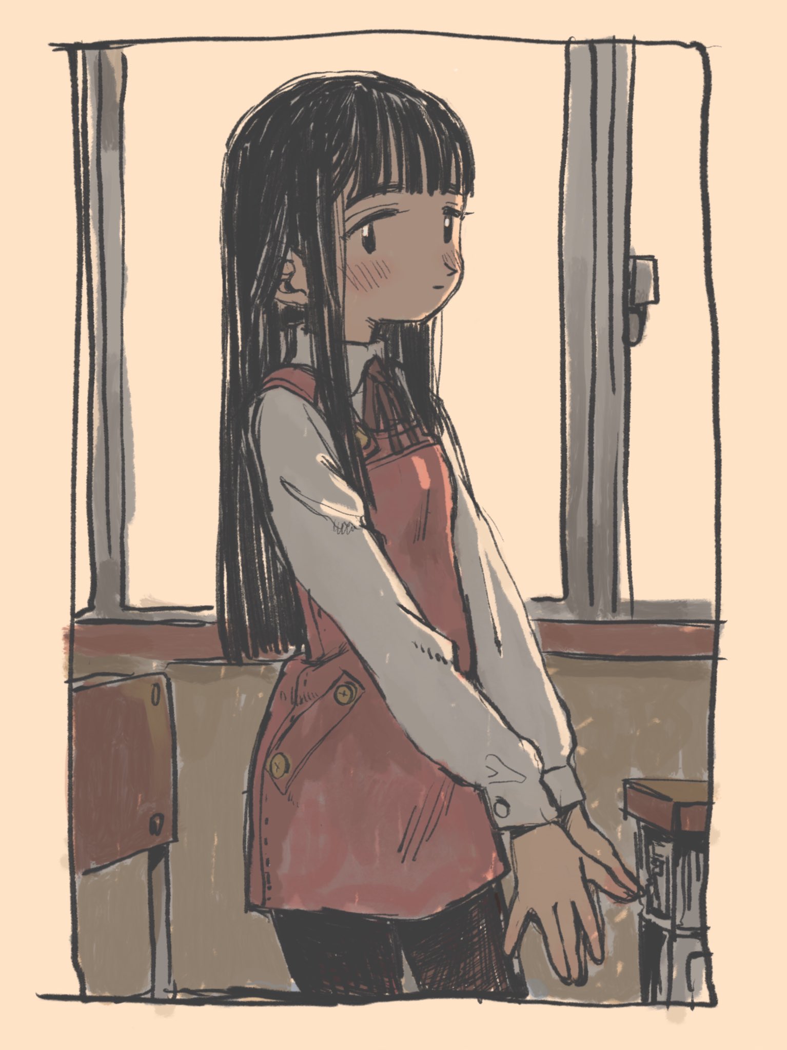 the image portrays a young girl with long black hair and bangs, wearing a white blouse under a pink overall dress, a common element in japanese school uniforms. she stands beside a desk in a classroom, her gaze directed out of the window. the window, with its simple frame and transom, allows soft, natural light to illuminate the scene, creating a sense of quiet contemplation. the overall color palette is muted and warm, contributing to the nostalgic and slightly melancholic mood of the illustration.