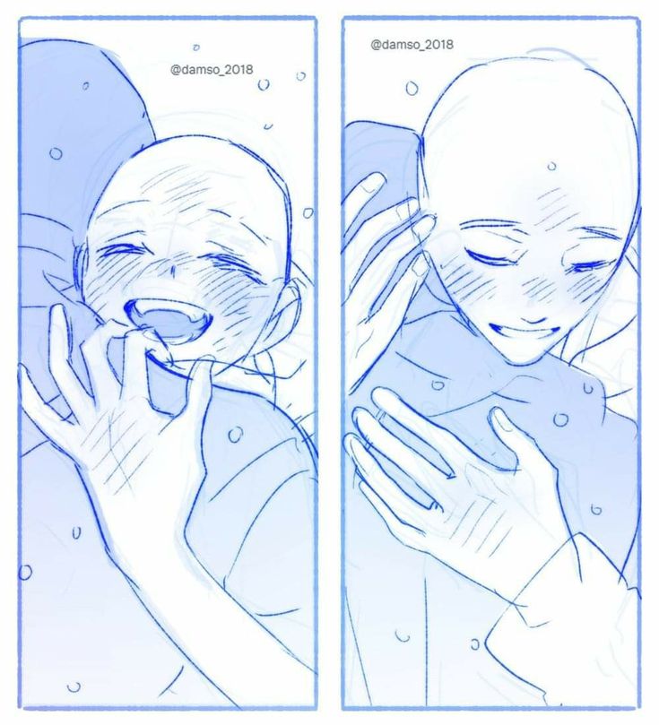 the image is a drawing of two anime characters, a boy and a girl. the boy is hugging the girl from behind while she is looking down and blushing with a happy smile. the girl is hugging the boy back with a sad expression. the drawing is in a blue color palette and is very detailed. the two characters are both drawn in a stylized way, with exaggerated features, which is typical of anime and manga. the drawing is a beautiful example of the emotional range that can be expressed through art.