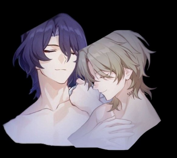 the image is a digital drawing or fanart depicting a romantic embrace between two animestyle boys.  one has purple shoulderlength hair and the other has light blonde, shoulderlength hair.  both are shirtless, with pale skin, and are positioned intimately close, suggesting a romantic or intimate relationship. the style is soft and gentle, with a focus on the characters' emotional connection.  the artwork has a light, pastel color palette.