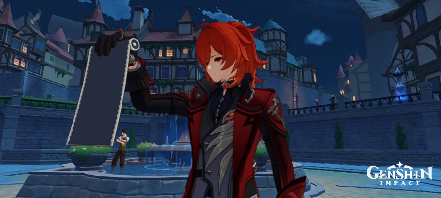 a screenshot from the video game genshin impact. a male character with bright red hair and a red coat is holding a large, blank black sign. he stands in front of a fountain in a nighttime town setting.  the genshin impact logo is visible in the bottom right corner.  the scene is stylized in an animeinspired manner.