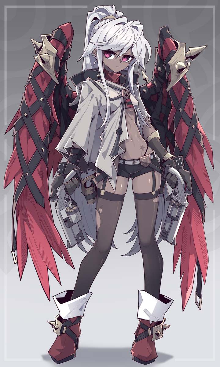 an animestyle illustration features a female character with dark skin and white hair styled in a ponytail. she has striking red eyes and is equipped with two silver revolvers, one in each hand. she is adorned with large, decorative wings in red and black with golden accents. her attire consists of black shorts, stockings, and distinctive red boots with white cuffs and spiked embellishments. she wears a white jacket over a partially exposed torso, creating a unique and somewhat edgy look. the overall aesthetic combines elements of fantasy and action, suggesting a character ready for adventure or combat. the background is a simple, gradient gray, placing full focus on the character.