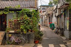 the image shows a narrow alleyway in an urban setting, likely in china. the alley is lined with traditional houses, with plants growing on and around them. there is a bicycle leaning against a wall on the left side of the image. the alley is mostly empty, with just a few motorcycles parked in the distance. the scene is bathed in natural sunlight, creating shadows and highlights. the overall atmosphere is one of quiet and tranquility.