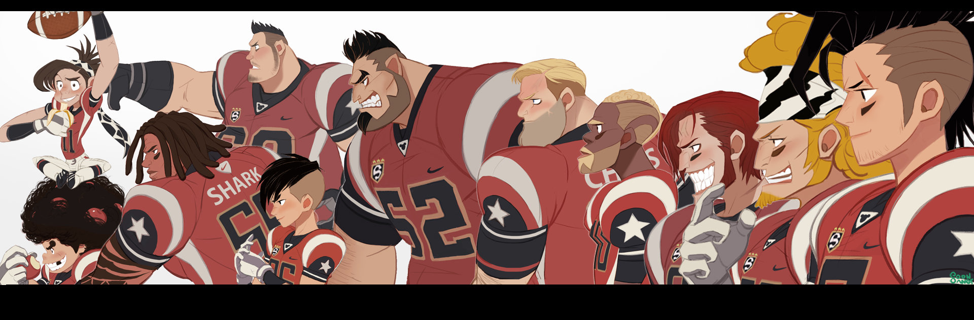 the image showcases a lineup of eleven unique and stylized football players, all wearing variations of a red and black uniform.  the characters are drawn in a dynamic and expressive cartoon style, with exaggerated features and poses that convey their energy and personalities. they stand before a minimal background, putting the focus solely on the team. the overall palette is bold, using rich reds, black, and white with pops of gold for highlights.