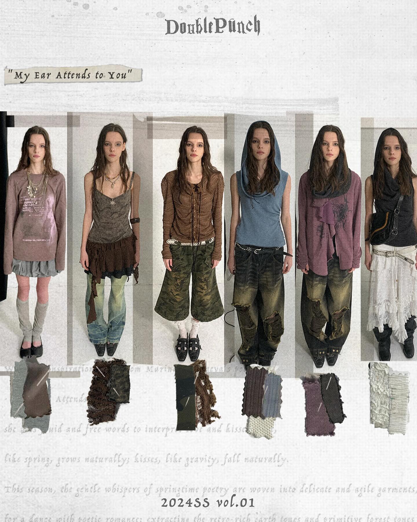 the image is a fashion lookbook or mood board for a clothing line called "double punch", specifically their 2024 spring/summer collection titled "my ear attends to you". it features seven female models showcasing different outfits. the style blends bohemian, grunge, vintage, and dark academia aesthetics. the clothing consists mainly of loosefitting garments in earthy tones and muted colors, with layers and textures creating depth.  fabric swatches and text provide context, suggesting a focus on natural materials and a whimsical, poetic theme. the overall visual is atmospheric and editorial in style.
