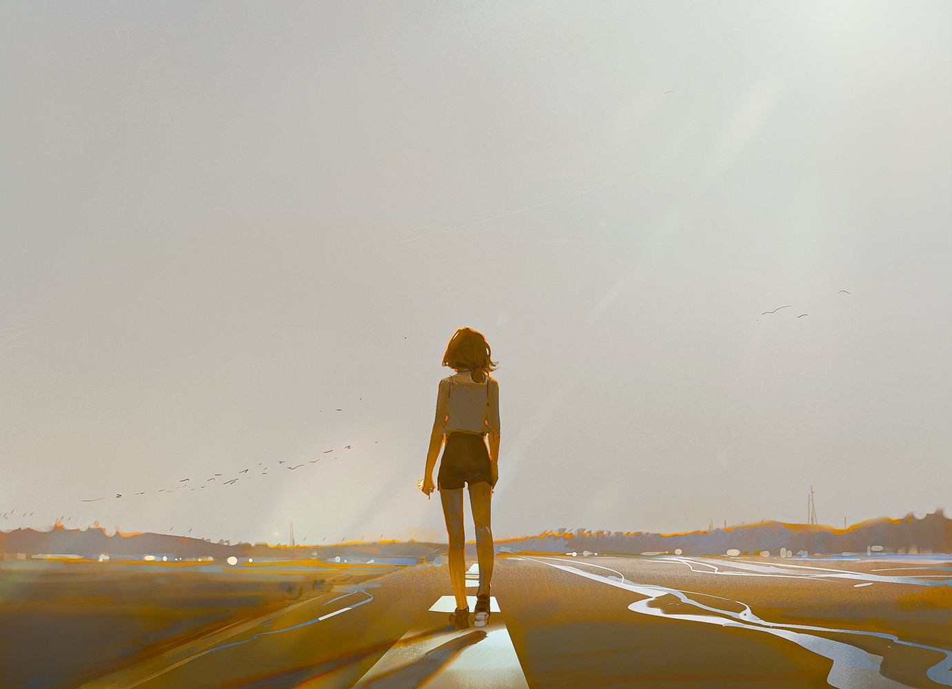 a woman in a casual outfit is walking on a long empty road towards the horizon. the sky is a soft yellow and there are a few birds in the sky. the road is lined with grass and the ground is a dusty brown. the woman is wearing a tank top and shorts and has long hair. the scene is peaceful and serene, and evokes a feeling of solitude and introspection.