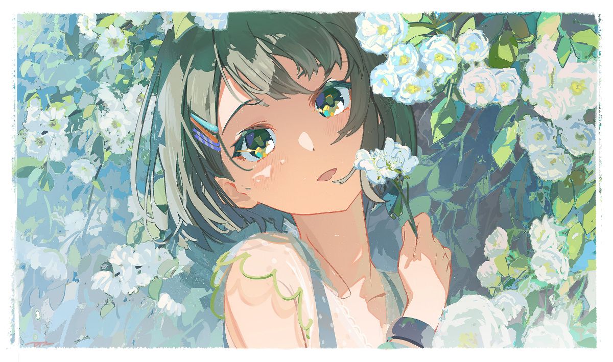 the image is a digital drawing of a young anime girl with short green hair and captivating yellow eyes.  she's surrounded by a lush abundance of white flowers, some of which obscure parts of her face and body, creating a dreamy, ethereal atmosphere.  the girl is dressed in a light, almost translucent outfit. her expression is gentle and slightly inquisitive, drawing the viewer's attention to her captivating gaze. the art style is characteristic of anime and manga, with large eyes, soft features, and a focus on delicate details. the overall composition and color palette evoke a sense of innocence, beauty, and tranquility.