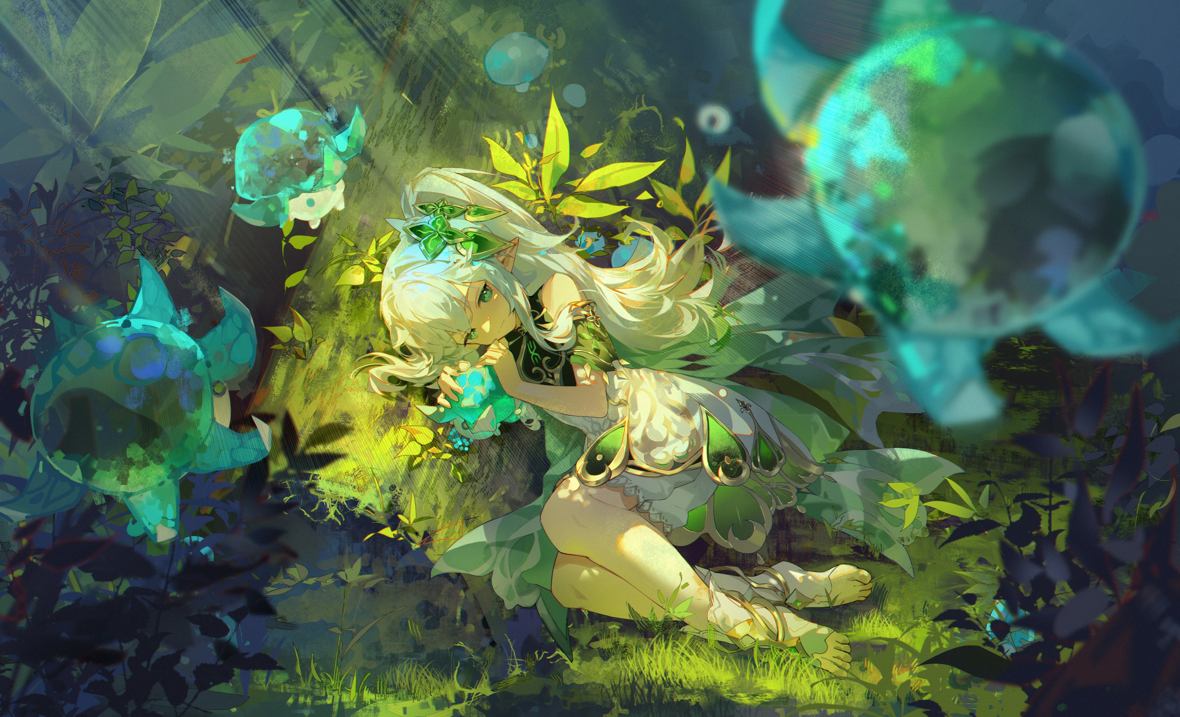 he image is a digital painting of an animestyle girl with long white hair and elflike ears. she's wearing a light green and white dress and is lying down in a lush green forest surrounded by glowing blue creatures that resemble bubbles or jellyfish. the scene is peaceful and magical, with soft lighting and vibrant colors. the girl appears to be asleep or resting, and the overall mood is serene and enchanting.  the style is highly detailed and evokes a feeling of fantasy and wonder.