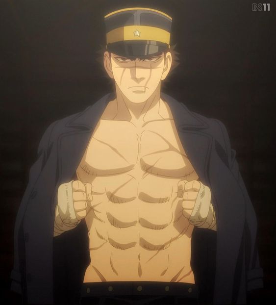 the image features a muscular, seriouslooking anime man with noticeable scars across his torso. he is shirtless, revealing a toned physique, and is in the process of removing a dark jacket. he wears a dark militarystyle hat with a single star emblem. the background is dark and nondescript, focusing attention on the man. the lighting appears artificial and highlights the man's features and musculature.