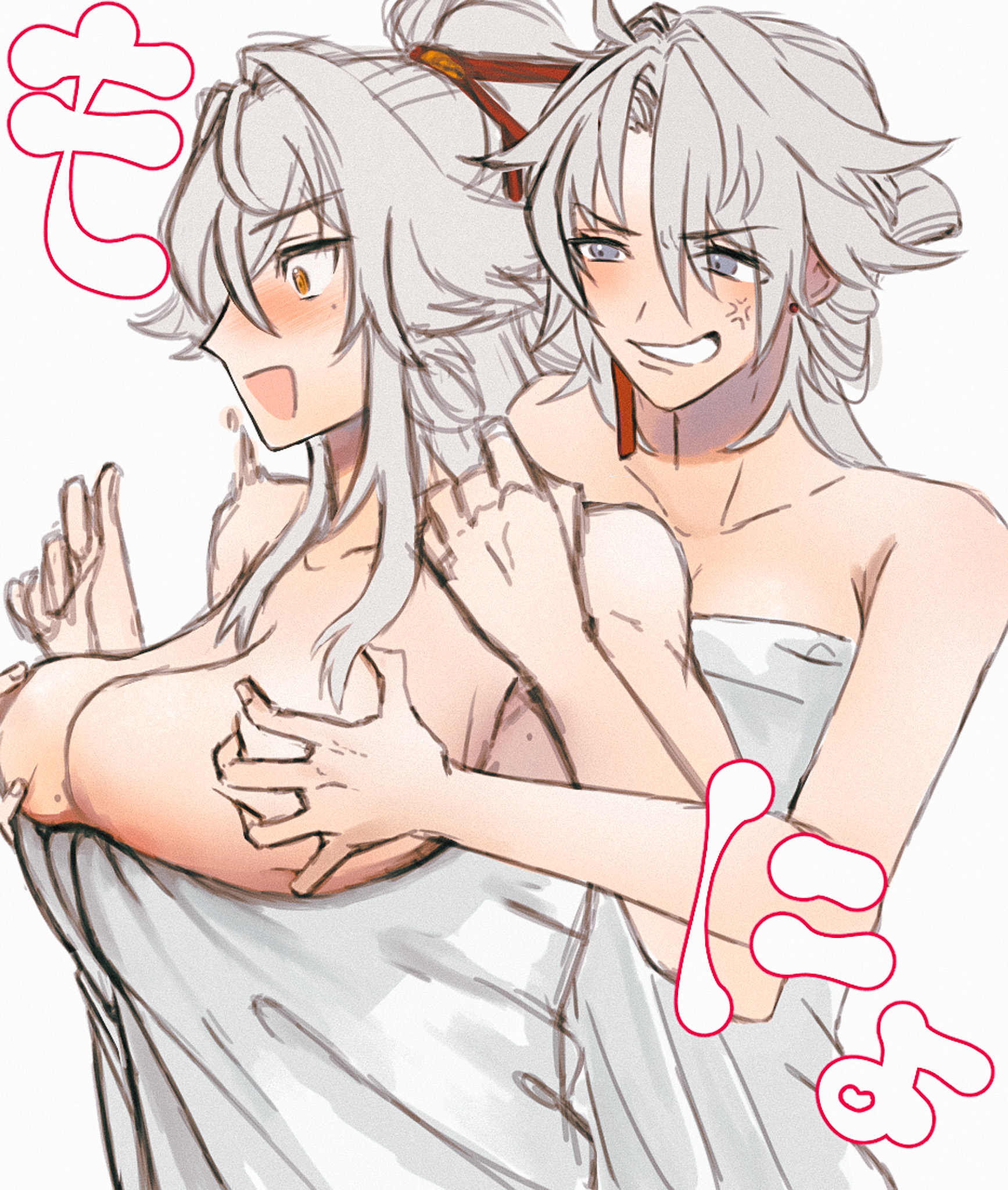 the image is a romantic illustration of two anime girls. the girl on the left has long white hair with a red ribbon and is looking away from the viewer with a blush on her cheeks. the girl on the right has long white hair and is smiling with a mischievous look. her hand is reaching toward the left girl's chest. the girls are dressed in white and are embracing each other. the image is drawn in a soft, delicate style and