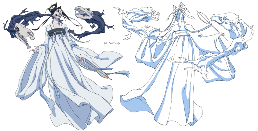 the image is an illustration of an anime character. on the left, she's shown with her white dress and flowing blue hair. she has a skull, bonelike object in her left hand and another one in her right hand. she is wearing a white dress, with a blue sash and a dark blue collar.  she has a dark blue hair with a  yellow hairpin. the right side of the image is a line art version of the same character.  the character's dress is white and she appears to have three skeletal figures that are coming out of her dress.  she has her hands up, the bone figures are behind her dress, and she has a flowing blue dress.  it's unclear if the character is a ghost, or simply a character with magical abilities. the character's name is "bai gusing" in a small writing on the right.  she is a mysterious character that appears to be from a manga or anime.  the drawing is of a high quality and is visually appealing.