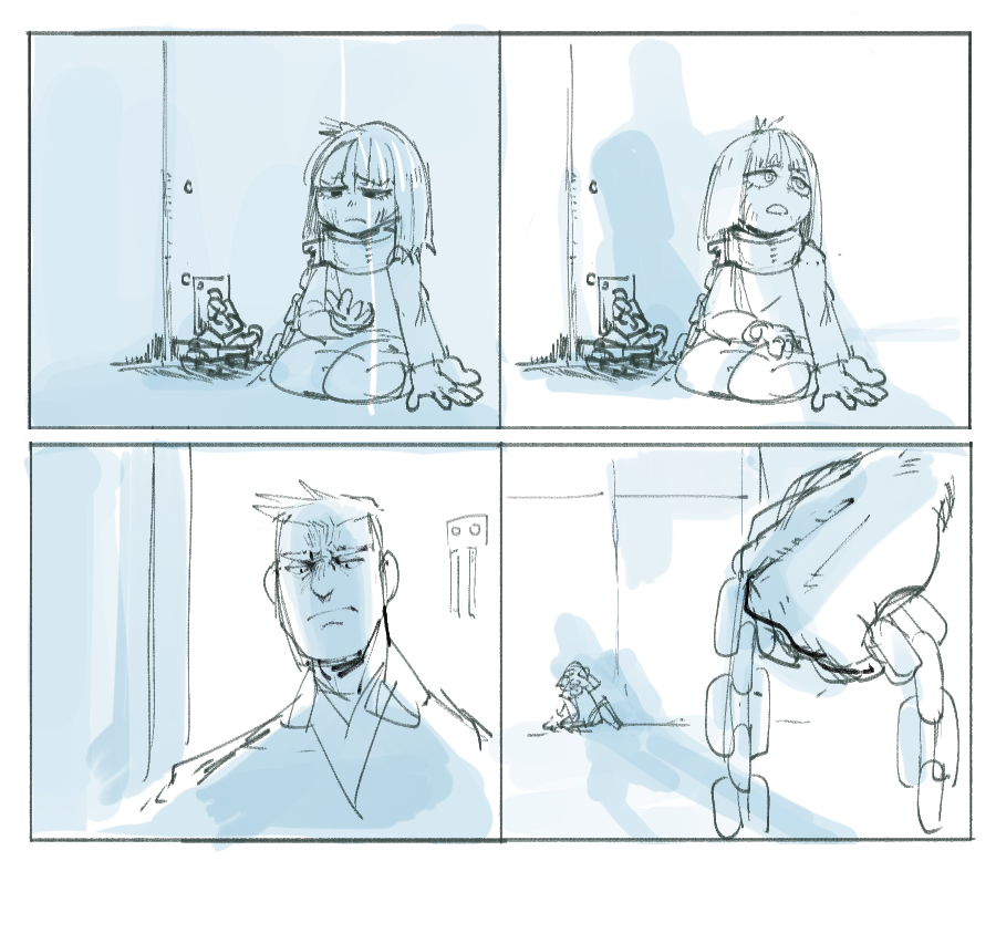the image is a comic strip divided into four panels. in the first two panels, we see a young girl with long hair sitting by a door, her arms shackled. she looks sad and scared. in the third panel, we see a man with a stern expression, looking at something out of frame. the final panel shows the young girl chained to the ground by a man's large hand, his arm appears to be out of frame. the image seems to depict a scene of captivity and despair.