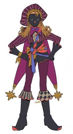 a full body illustration of a jesterlike character with a masked face and a colorful outfit. they are positioned standing upright with arms akimbo and legs slightly apart. their outfit features a purple and gold color scheme with star accents.